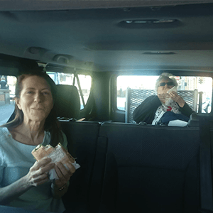 Florence eating in the accessible van