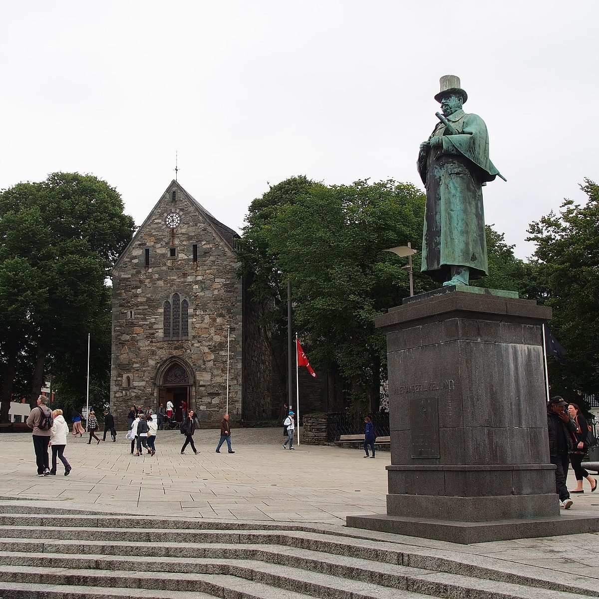 Square with statue in front of Stavanger Cathedral Norway